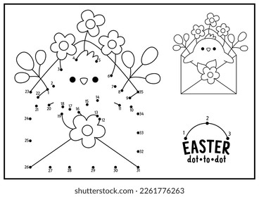 Vector Easter dot-to-dot and color activity with cute kawaii chick in envelope with flowers. Spring holiday connect the dots game. Garden coloring page for kids. Printable worksheet
