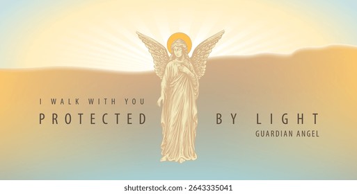 Vetor easter desenho de anjo da guarda com asas e halo no céu contra o sol nascente com a inscrição protegida pela luz. Anjo - Tema da morte, religião. Cartão comemorativo, design de camiseta. 