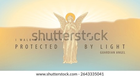 Vector easter drawing of guardian angel with wings and halo in the sky against the rising sun with the inscription protected by light. Angel - Theme of death, religion. Greeting card, t-shirt design. 