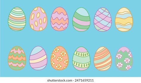 Vector - Easter egg collection, festive hand drawing art with pastel color on blue background, Easter elements.