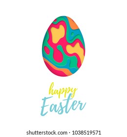 Vector Easter egg of colored paper cut. Happy Easter greeting card text with multi layered color paper isolated on white background. Papercut cute trend design illustration for poster, banner, flyer