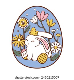 Vector Easter Egg Cute Rabbit And Chick Cartoon Illustration Isolated