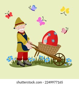 Vector - easter egg with a gardener, wheel barrow and butterfly insects.