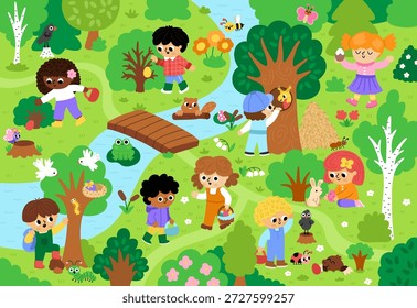 Vector Easter egg hunt background. Cute landscape with kids, trees, bushes, insects, colored eggs, basket, nature element. Woodland scene with children looking for eggs in forest
