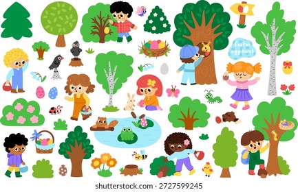 Vector Easter egg hunt clipart set. Cute kid icons collection with trees, bushes, insects, colored eggs, basket, nature element. Illustration pack with children looking for eggs in forest
