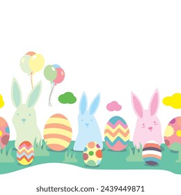 Plantilla de invitación de póster de caza de huevos de Pascua vectorial en color pastel. Lindos conejos y huevos de Pascua. Diseño de patrón de rayas sin costuras aislado sobre un fondo blanco.