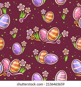Vector Easter Egg Hunt seamless pattern, square repeating background with set of cut out illustrations many different decorated easter eggs with spring flowers on red background for wrapping paper