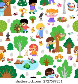 Vector Easter egg hunt seamless pattern. Repeat background with cute kids, trees, bushes, insects, colored eggs, basket, nature element. Digital paper with children looking for eggs in forest
