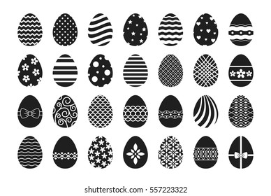 Iconos vectoriales de huevo de Pascua. Huevos pasteles felices con motivos florales y de líneas aislados en fondo blanco.