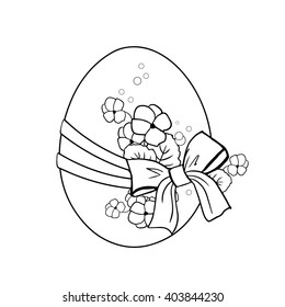 vector -  Easter egg. Easter egg isolated on a white background. black and white outline illustration for a coloring book. Easter egg with a bow and flowers violets.