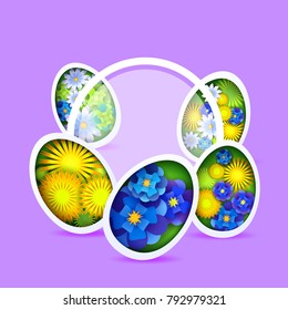 vector easter egg with a pattern from spring flowers, chamomile, forget-me-nots, dandelion, cut paper style, greeting card, set