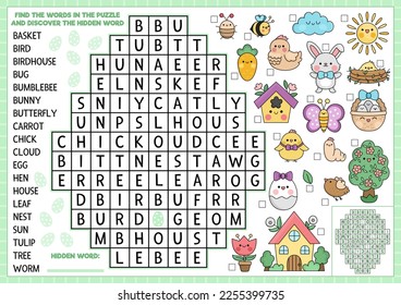 Vector Easter egg shaped word search puzzle for kids. Spring holiday quiz for children. Educational activity with kawaii symbols. Cute English language cross word with bunny, chick, flower
