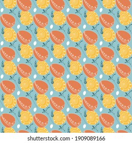 Vector Easter eggs background. Seamless pattern yellow and orange easter eggs on a blue background. Ester texture for fabric, wallpaper, textile, apparel.