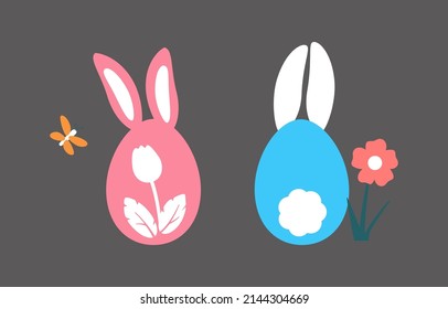 Vector Easter eggs with bunny ears and tail. Rabbit in the shape of an egg. Stickers with pink and blue rabbits. Illustration on isolated background