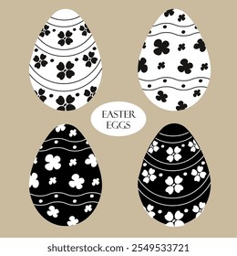 Vector Easter eggs, collection of black and white prints. Easter eggs with floral and linear hand-drawn patterns highlighted on a white background.
