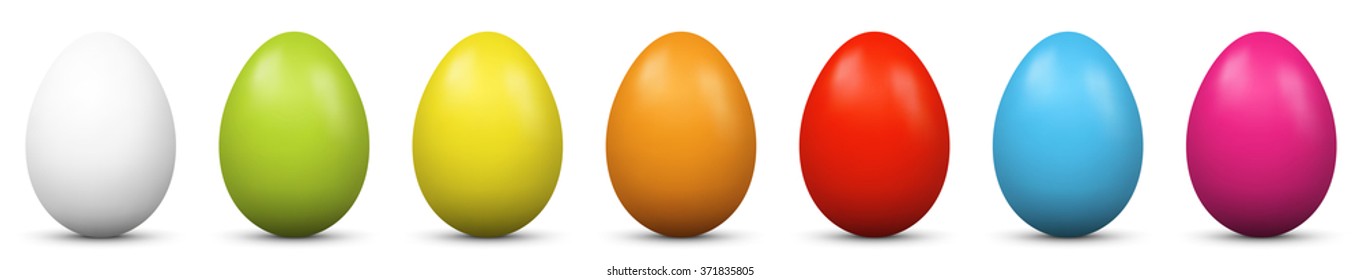Vector Easter Eggs Collection - Side by Side - Set, Group - White, Green, Yellow, Orange, Red, Blue, Purple - Horizontal Panorama Banner.