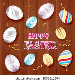 Vector Easter eggs colorful and gold ribbons on a wooden background