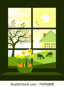 vector easter eggs and daffodils at window