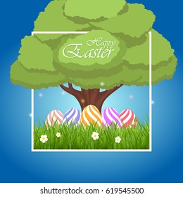 Vector Easter eggs in frame, green grass and tree on a blue background