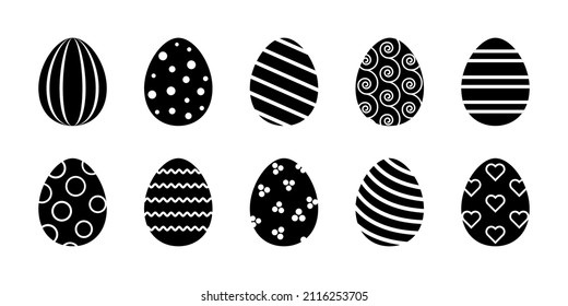 Vector Easter eggs glyph collection. Set of black rubber stapms with decorated eggs