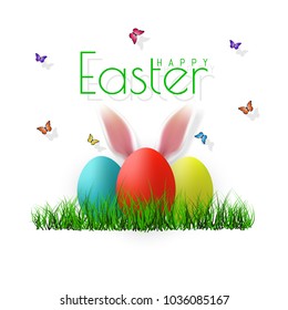 Vector Easter eggs with grass, butterfly and flowers isolated on a white background. Element for celebratory design.