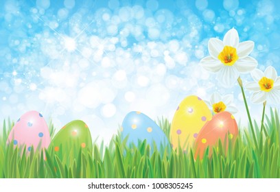 Vector Easter eggs in grass and daffodils, Easter background.