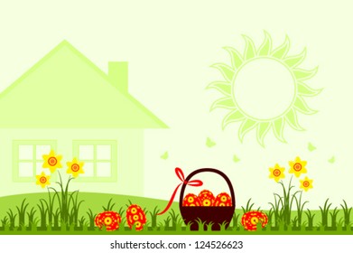 vector easter eggs in grass and daffodils
