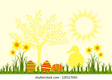 vector easter eggs in grass, daffodils and duck