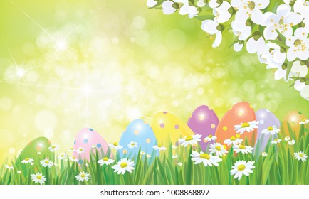 Vector Easter eggs in grass  and daisies, blossoming apple tree. Easter background.