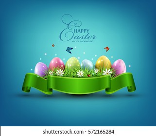 Vector Easter Eggs With Grass And Flowers In Green Ribbon Isolated On A Blue Background. Element For Celebratory Design.