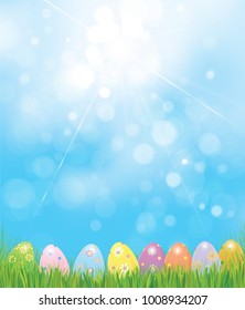 Vector Easter eggs in green  grass,   Easter background.