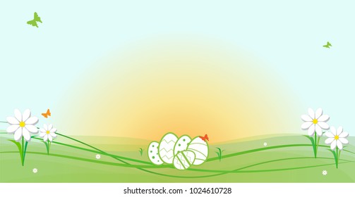 Vector Easter eggs in green grass, Easter background.