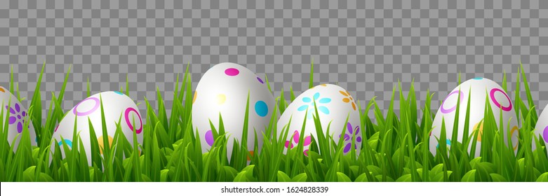 Vector Easter eggs in green grass. Realistic border for Easter holidays. Isolated on transparent background.