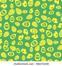 Vector Easter Eggs Greeting Card on Green Background. Seamless Pattern