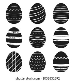 Vector easter eggs isolated on a white background. Set of 9 easter eggs. Hand drawn style with stroke brushes. Vector illustration