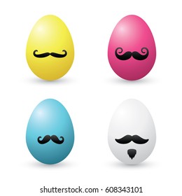 Vector easter eggs with mustaches. Yellow, Magenta, Cyan, White.