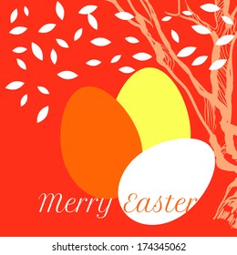 vector Easter eggs on background with spring branch and leaves