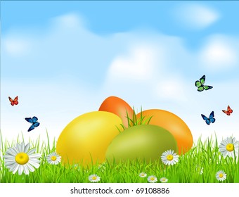 vector Easter eggs on a green field with daisies and a blue sky