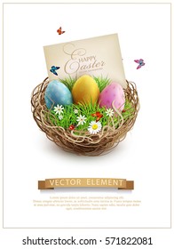 Vector Easter eggs in a wicker nest, green grass and rectangular greeting cards. Isolated on white background. Element for design