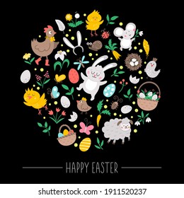 Vector Easter elements framed in circle on black background. Spring round frame concept. Design for banners, posters, invitations. Cute religious holiday card template with egg, bunny, animals
