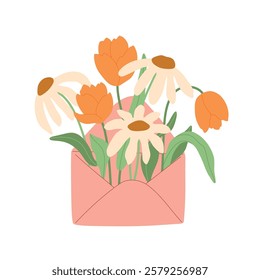 Vector Easter envelope with spring flowers illustration collection. Modern hand drawn tulips and camomile clip art set for books, stationery, banners and social media