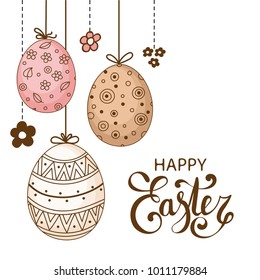 Vector Easter festive background with decorative eggs and flowers. Happy Easter lettering. Doodle easter eggs with stripes, dots, flowers, waves. Vintage card template