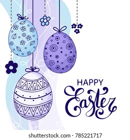 Vector Easter festive background with decorative eggs and flowers. Happy Easter lettering. Doodle easter eggs with stripes, dots, flowers, waves. Vintage card template