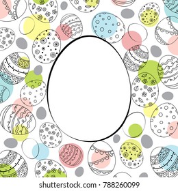 Vector Easter festive background with egg shape frame and colorful confetti. Doodle easter eggs with stripes, dots, flowers, leaves. Empty place for text