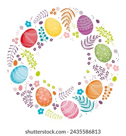 Vector Easter festive background with round shape frame of eggs, leaves, berries, branches. Happy Easter. Doodle easter eggs with stripes, dots, flowers, waves.