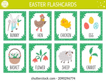 Vector Easter flash cards set. English language game with cute bunny, hen, chicken, Easter eggs for kids. Spring holiday flashcards with funny characters. Simple educational printable worksheet.
