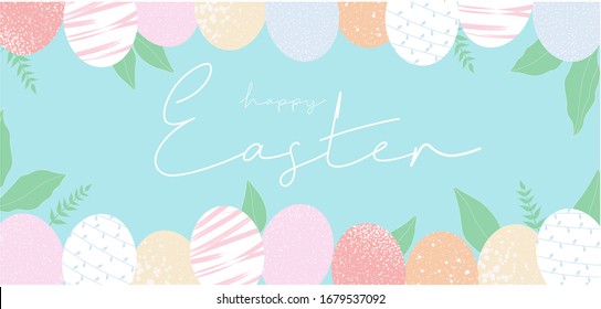 Vector Easter flat style background frame with a plant and eggs. Blue holiday card. The inscription "Happy Easter"