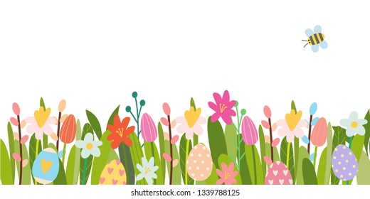 Vector Easter floral background. Spring flowers, herbs, leaves, branches, eggs and chicken. Hand-drawn border perfect for greeting cards, booklets, advertisement, banners, posters