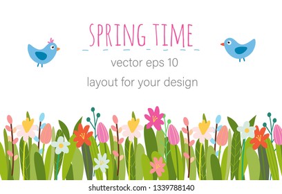 Vector Easter floral background. Spring flowers, herbs, leaves, branches, eggs and chicken. Hand-drawn border perfect for greeting cards, booklets, advertisement, banners, posters