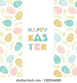 Vector Easter frame with easter eggs hand drawn on white background. Decorative frame from eggs. Easter eggs with  leaves and lettering 
